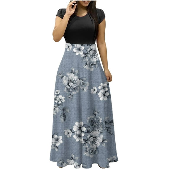 Lolmot Plus Size Dress for Women Short Sleeve Loose Plain Casual Fashion Long Maxi Dresses Floral Print Patchwork Party Dresses