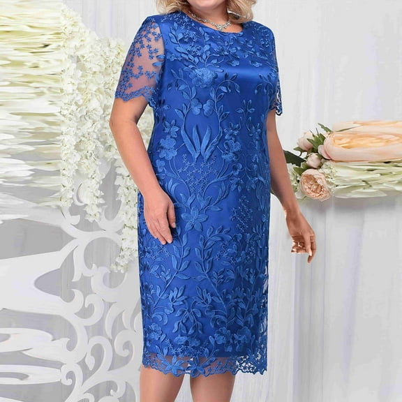 Lolmot Plus Size Dresses for Curvy Women Short Sleeve Round Neck Loose Spliced Embroidered Lace Cocktail Party Dress