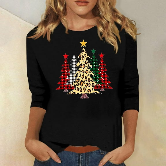 Lolmot Plus Size Merry Christmas T-Shirt for Women Leopard Plaid Xmas Tree Shirts 3/4 Sleeve Crew Neck Baseball Tees Tops