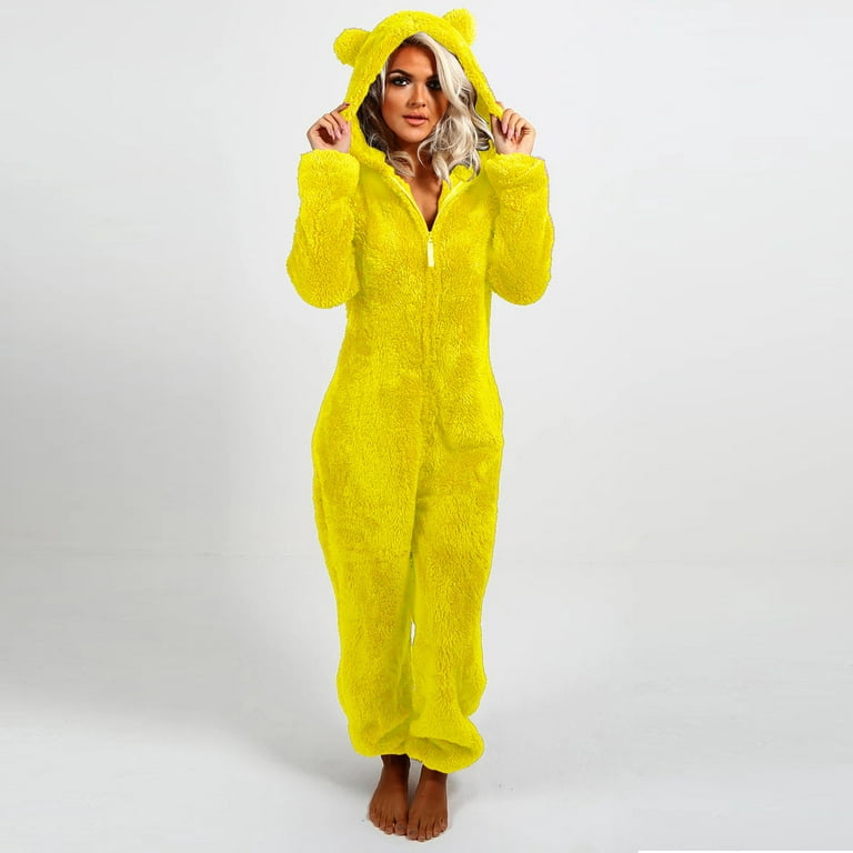 Lolmot Plus Size Pajamas for Women Cartoon Bear Hooded Onesie Pajamas  Casual Winter Warm Sherpa Romper Long Sleeve Zipper Fleece Jumpsuit Pajamas  Loungewear 