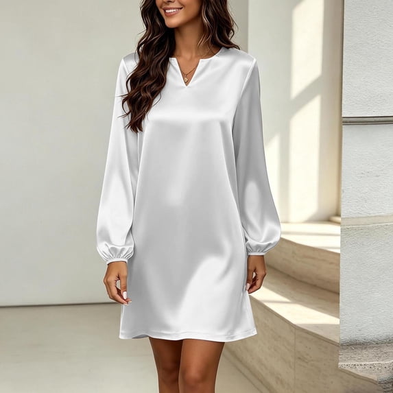 Lolmot Plus Size Satin A Line Dresses for Women Dressy Casual Long Puff Sleeve V Neck Mini Dress Flowy Fall Wedding Guest Dresses
