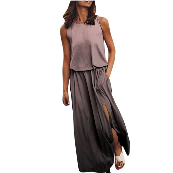 Lolmot Plus Size Summer Dresses for Women Fashion Dress Sleeveless Round Neck Gradient Color Fork Opening Maxi Dresses Sexy Casual Holiday Sundress