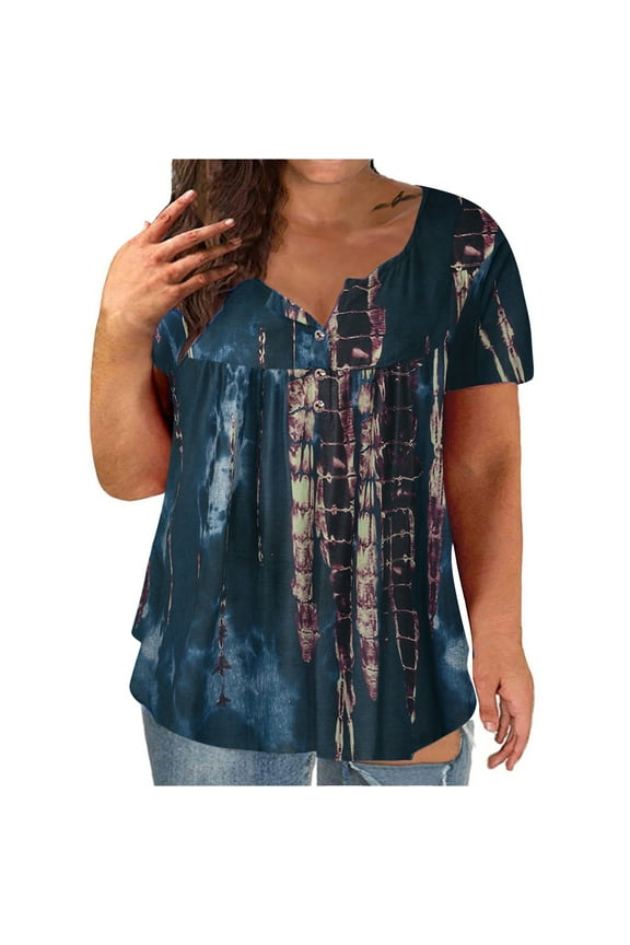 Lolmot Plus Size Tie Dye Tops Tunic Womens V-Neck Print Blouse T-Shirt Short Sleeve Button Up Shirts For Women Top Tunic Tees