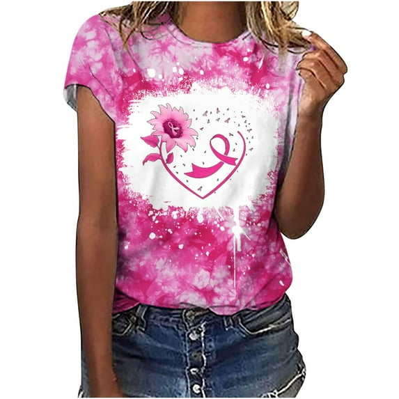 Lolmot Plus Size Tops for Women Casual Summer Breast Cancer Awareness Shirt Pink Ribbon Print Short Sleeve Crewneck Tops