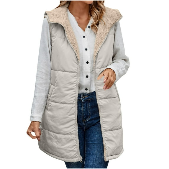 Up to 65 off!Lolmot Puffer Vest Womens Reversible Vests Sleeveless Fleece Jacket Zip Up Hoodie Pockets Solid Plush Long Warm Winter Coat Outerwear