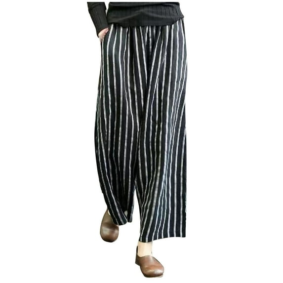 Lolmot Retro Cotton Linen Striped Wide-Legged Pants Women Thin Drape Casual Straight Pants Summer Drawstring Elastic High Waist Pant Pockets Cropped Trouser