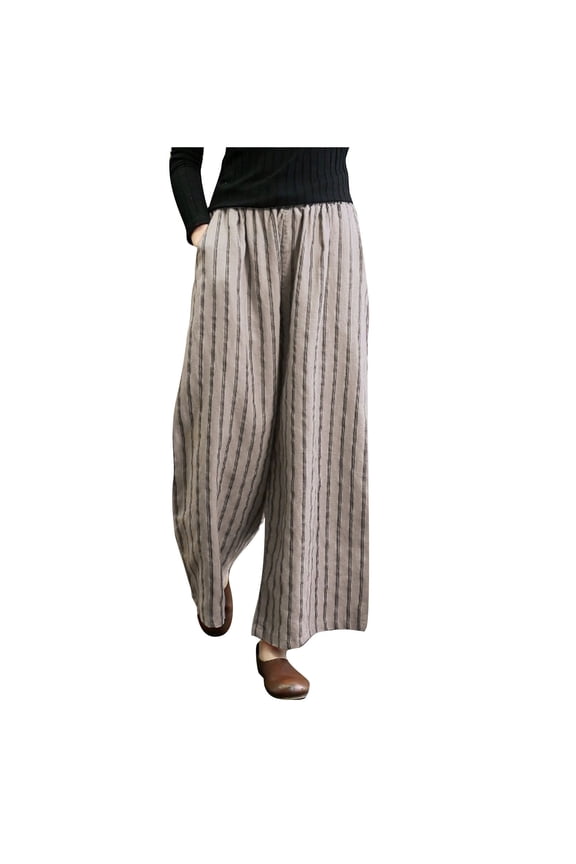 Lolmot Retro Cotton Linen Striped Wide-Legged Pants Women Thin Drape Casual Straight Pants Summer Drawstring Elastic High Waist Pant Pockets Cropped Trouser