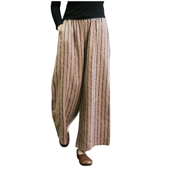 Lolmot Retro Cotton Linen Striped Wide-Legged Pants Women Thin Drape Casual Straight Pants Summer Drawstring Elastic High Waist Pant Pockets Cropped Trouser