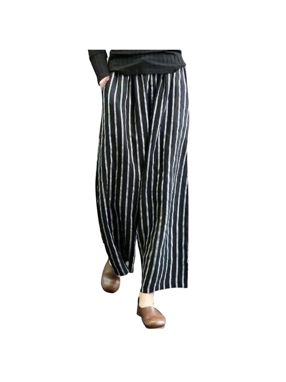 Lolmot Retro Cotton Linen Striped Wide-Legged Pants Women Thin Drape Casual Straight Pants Summer Drawstring Elastic High Waist Pant Pockets Cropped Trouser