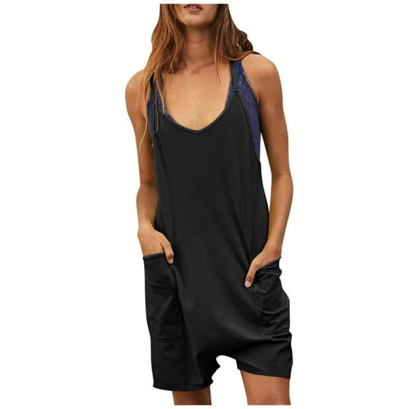 Lolmot Rompers for Women Summer Casual Sleeveless Rompers Loose Spaghetti Strap Shorts Jumpsuit with Pockets