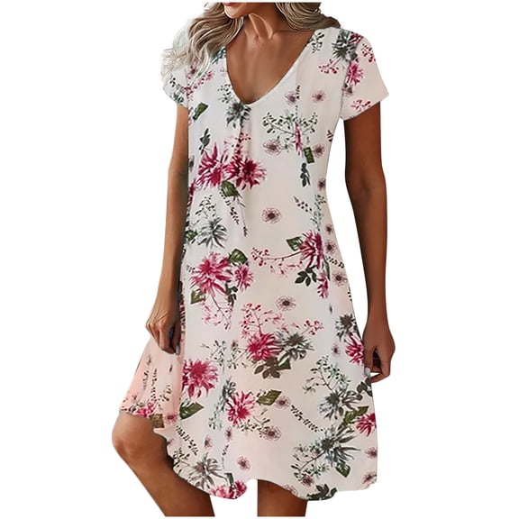 Lolmot Rompers for Women Summer Dressy Plus Size Sexy Dress Floral Print Short Sleeve V-Neck Swing Dress