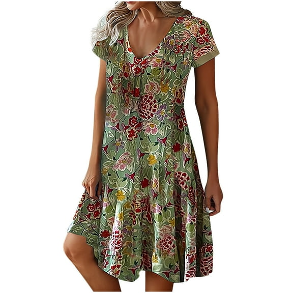 Lolmot Rompers for Women Summer Dressy Plus Size Sexy Dress Floral Print Short Sleeve V-Neck Swing Dress