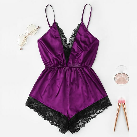 Lolmot Satin Lingerie for Women Teddy Lingerie Sexy Cross Backless Cami Lace Trim Bodysuit One Piece Babydoll Naughty Lingerie Sleepwear on Clearance