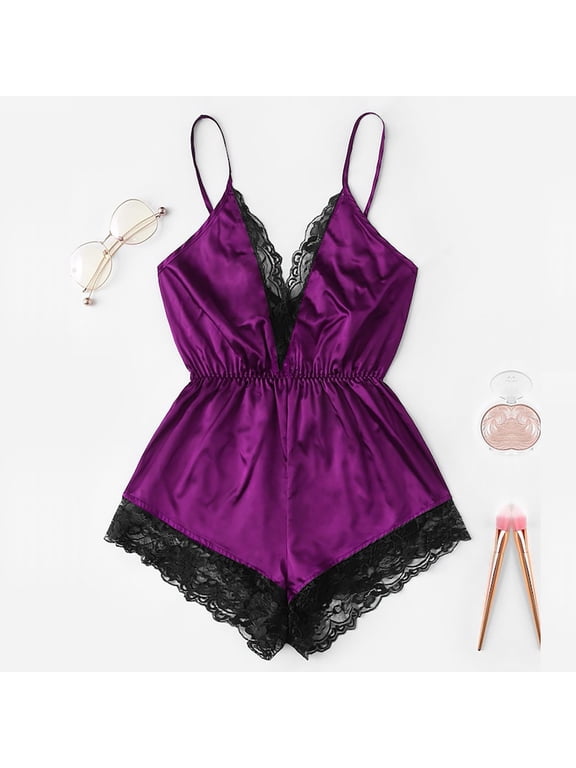 Lolmot Satin Lingerie for Women Teddy Lingerie Sexy Cross Backless Cami Lace Trim Bodysuit One Piece Babydoll Naughty Lingerie Sleepwear on Clearance