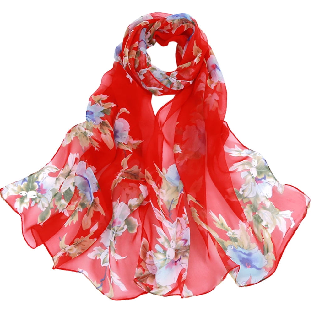 Lightweight Laurel Wreath Floral Print Chiffon Scarf for Women