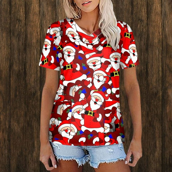 Lolmot Scrub Tops for Women Nurse Uniforms Christmas Cartoon Printed V-Neck Short Sleeve Plus Size Medical Scrub_Tops Working Uniform with Pockets