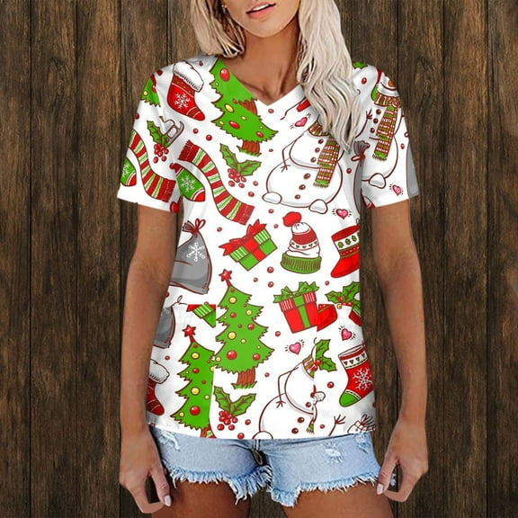 Lolmot Scrub Tops for Women Nurse Uniforms Christmas Cartoon Printed V-Neck Short Sleeve Plus Size Medical Scrub_Tops Working Uniform with Pockets