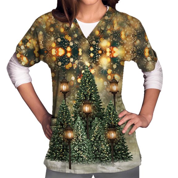 Lolmot Scrubs for Women Fashion Glitter Xmas Tree 3D Print Short Sleeve Medical Scrub Shirts V-Neck Holiday Workwear Blouse Nursing Uniform with Pockets