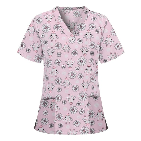 Lolmot Scrubs for Women Cute Animal Printed Casual Short Sleeve V-Neck Carer Working Uniform Nurse Shirts with Pockets