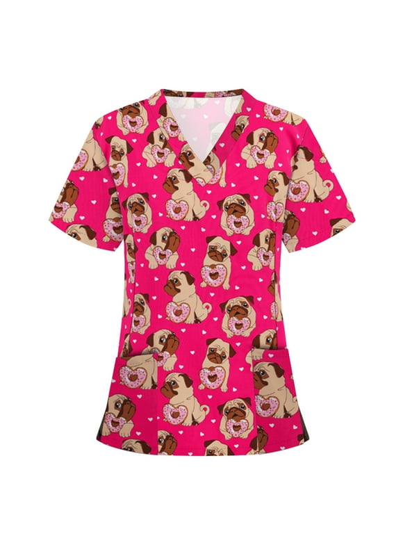Lolmot Scrubs for Women Cute Animal Printed Casual Short Sleeve V-Neck Carer Working Uniform Nurse Shirts with Pockets