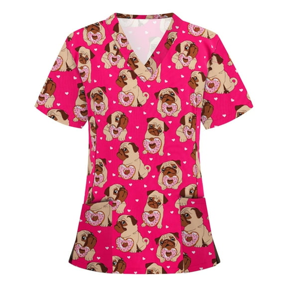 Lolmot Scrubs for Women Cute Animal Printed Casual Short Sleeve V-Neck Carer Working Uniform Nurse Shirts with Pockets
