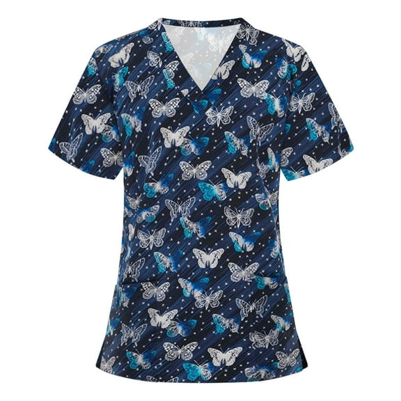 Lolmot Scrubs for Women Cute Animal Printed Casual Short Sleeve V-Neck Carer Working Uniform Nurse Shirts with Pockets