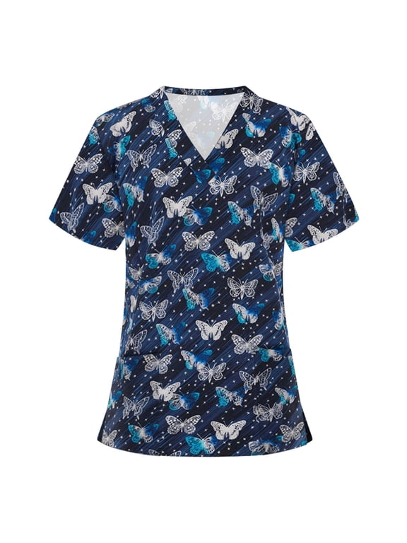 Lolmot Scrubs for Women Cute Animal Printed Casual Short Sleeve V-Neck Carer Working Uniform Nurse Shirts with Pockets