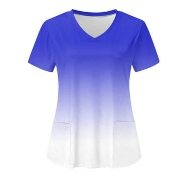 Scrubs For Women Tops White Casual Blouse Gradient Print Short Sleeve V ...