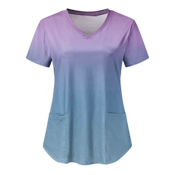 Lolmot Scrubs for Women Fashion V-Neck Short Sleeve T-Shirt Gradient Print Nurse Working Uniforms Workwear Scrub Tops with Pockets