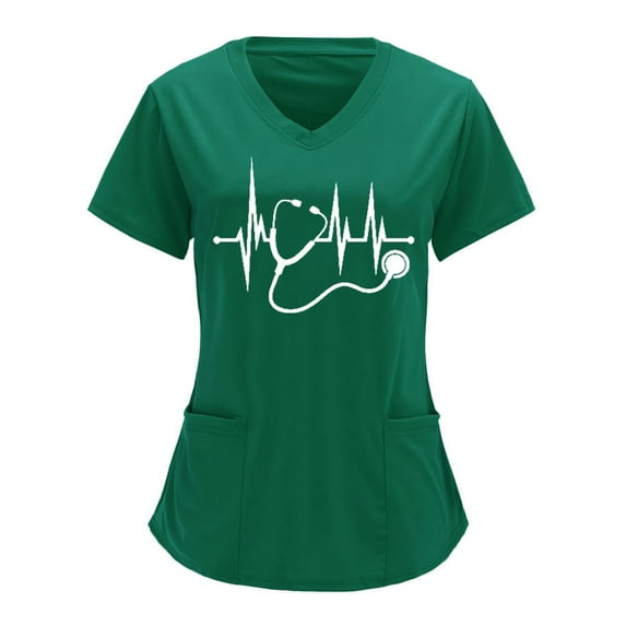 Lolmot Scrubs for Women Heart Print Nursing Working Uniform Tops Solid Color Short Sleeve V-Neck Loose Blouse Tops Workwear with Pockets