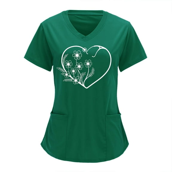 Lolmot Scrubs for Women Heart Print Nursing Working Uniform Tops Solid Color Short Sleeve V-Neck Loose Blouse Tops Workwear with Pockets