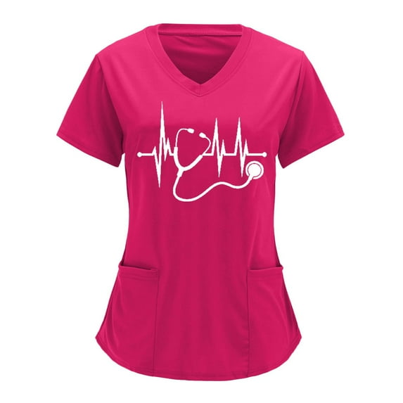 Lolmot Scrubs for Women Heart Print Nursing Working Uniform Tops Solid Color Short Sleeve V-Neck Loose Blouse Tops Workwear with Pockets