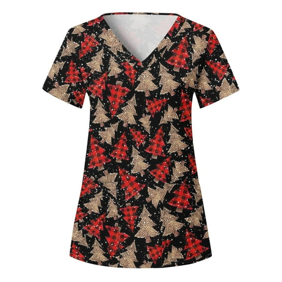 Lolmot Scrubs for Women Medical Working Uniform T-Shirt Short Sleeve V-Neck Christmas Print Pullover Tops with Pockets