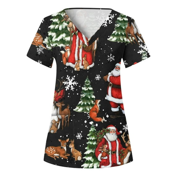 Lolmot Scrubs for Women Medical Working Uniform T-Shirt Short Sleeve V-Neck Christmas Print Pullover Tops with Pockets