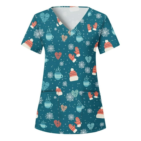 Lolmot Scrubs for Women Medical Working Uniform T-Shirt Short Sleeve V-Neck Christmas Print Pullover Tops with Pockets
