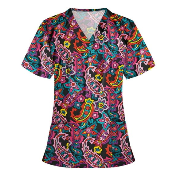 Lolmot Scrubs for Women Set Short Sleeve Nursing Working Uniform with Pocket Plus Size V-Neck Print Stretchy Holiday Tunic Blouse