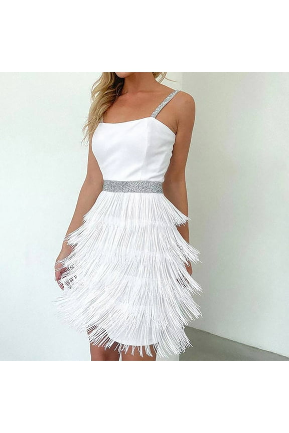 Sequin Mini Dresses for Women Formal Party Cocktail Club Dress Sleeveless Zipper Back Sling Tassels Dress