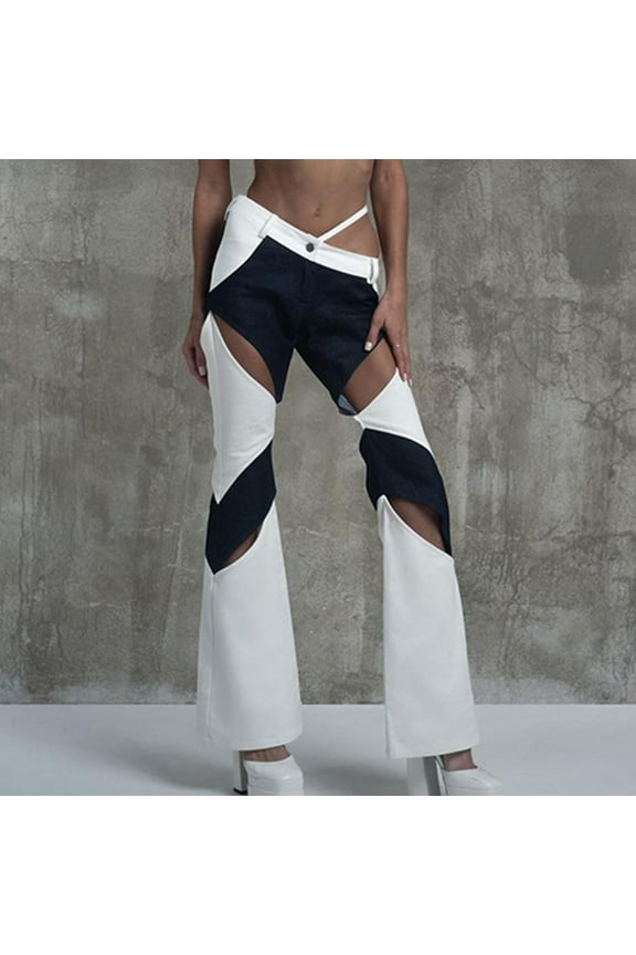 Lolmot Sexy Buckle Bottomless Pants Women Hollow Out High Waist Color Block Rave Chaps Hiphop Rock Pants Belted Cargo Trousers