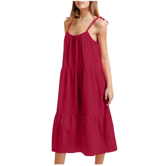 Lolmot Sexy Dresses for Women Summer Casual Sleeveless Tie Strap Crew Neck Smocked High Waist Flowy Tiered A Line Midi Dress