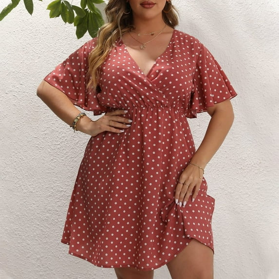 Lolmot Sexy Dresses for Women Summer Loose Stripes Polka Dots Print Dress Sexy Deep V Neck Short Sleeves High Waist Casual Dress Plus Size Dress