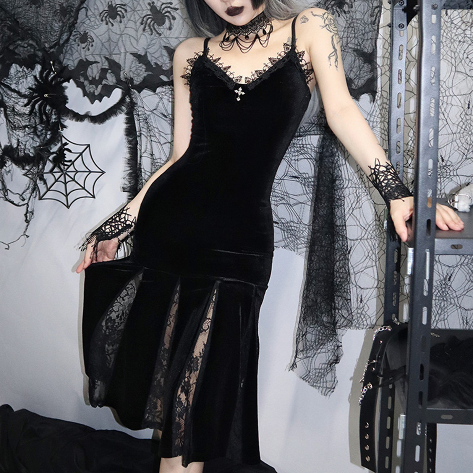 Lolmot Sexy Halloween Costumes for Women Gothic Dress Sexy Dark Wind Retro  Lace Splice Sling Fishtail Dress Sleeveless V-Neck Cocktail Evening Dresses