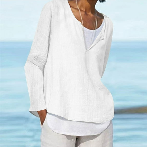 Lolmot Shirts for Women Solid Color V-neck Casual Loose Fitting Cotton Linen Long Sleeved Tops Blouse