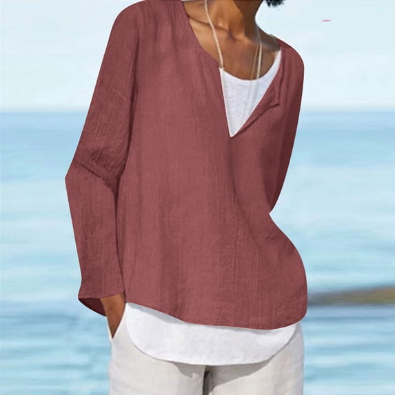 Lolmot Shirts for Women Solid Color V-neck Casual Loose Fitting Cotton Linen Long Sleeved Tops Blouse