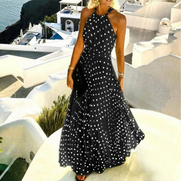 Lolmot Off the Shoulder Dresses for Women Fashion Casual Summer Sleeveless Round Neck Dot Printing Dress Halter Neck Zipper Long Dresses Cocktail Dresses for Wedding Guest