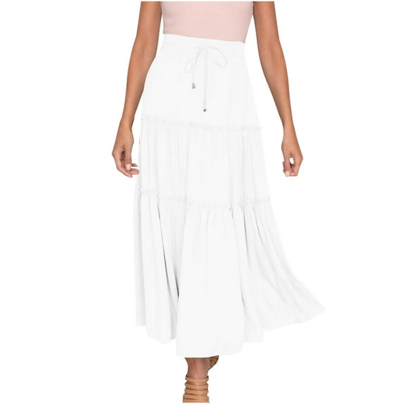 Lolmot Skirts for Women Trendy Summer Elastic High Waist Maxi Skirts Solid Casual Flowy Tiered Ruffle A Line Swing Long Skirt