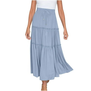 Lolmot Skirts for Women Trendy Summer Elastic High Waist Maxi Skirts Solid Casual Flowy Tiered Ruffle A Line Swing Long Skirt
