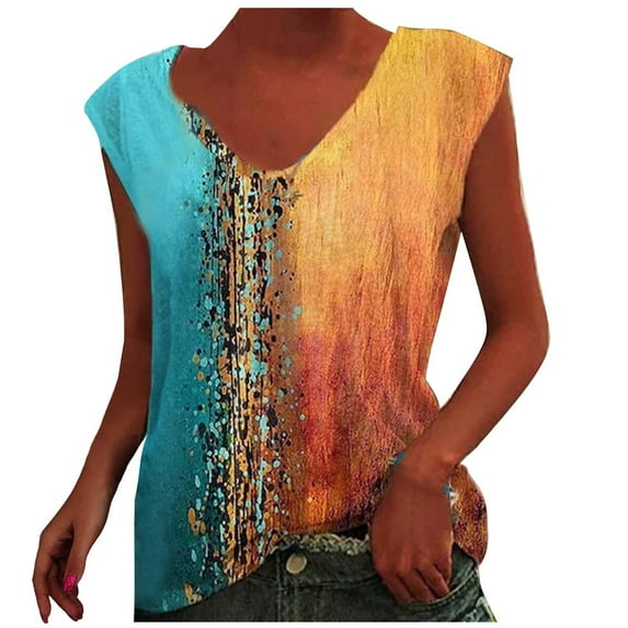 Lolmot Sleeveless Tops for Women Casual Summer Women's Tops and Blouses Loose V-Neck Vintage Printed Sleeveless Top T-Shirt Holiday Tops