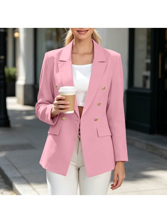 Slim Fit Women's Business Blazer Casual Solid Double Breasted Work Jackets with Pockets Notched Lapel Office Suit Coat