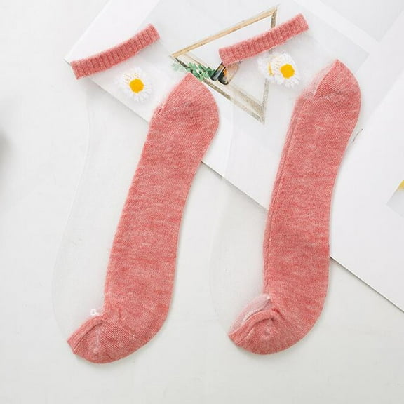 Lolmot Socks for Women Fashion Women Mesh Light Thin Exquisite Socks Daisy Embroidery Breathable Patchwork Comfty Female Stockings
