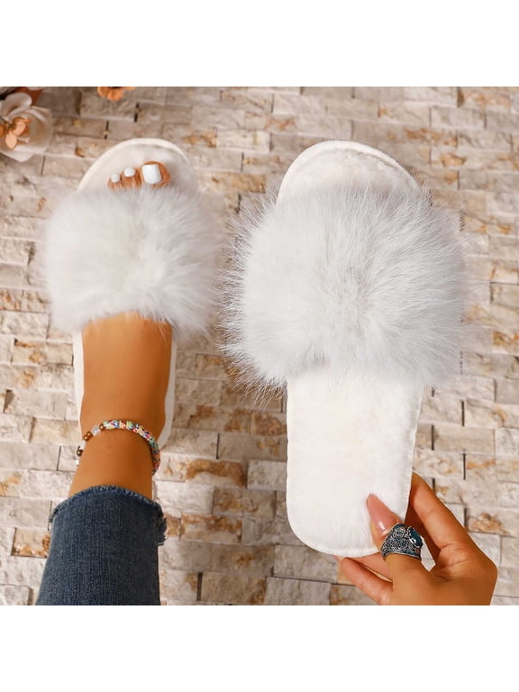 Soft Women's Fuzzy Slippers Trendy Open Toe Slip On Cozy Bedroom Slippers Ladies Lightweight Non-Slip Home Slides